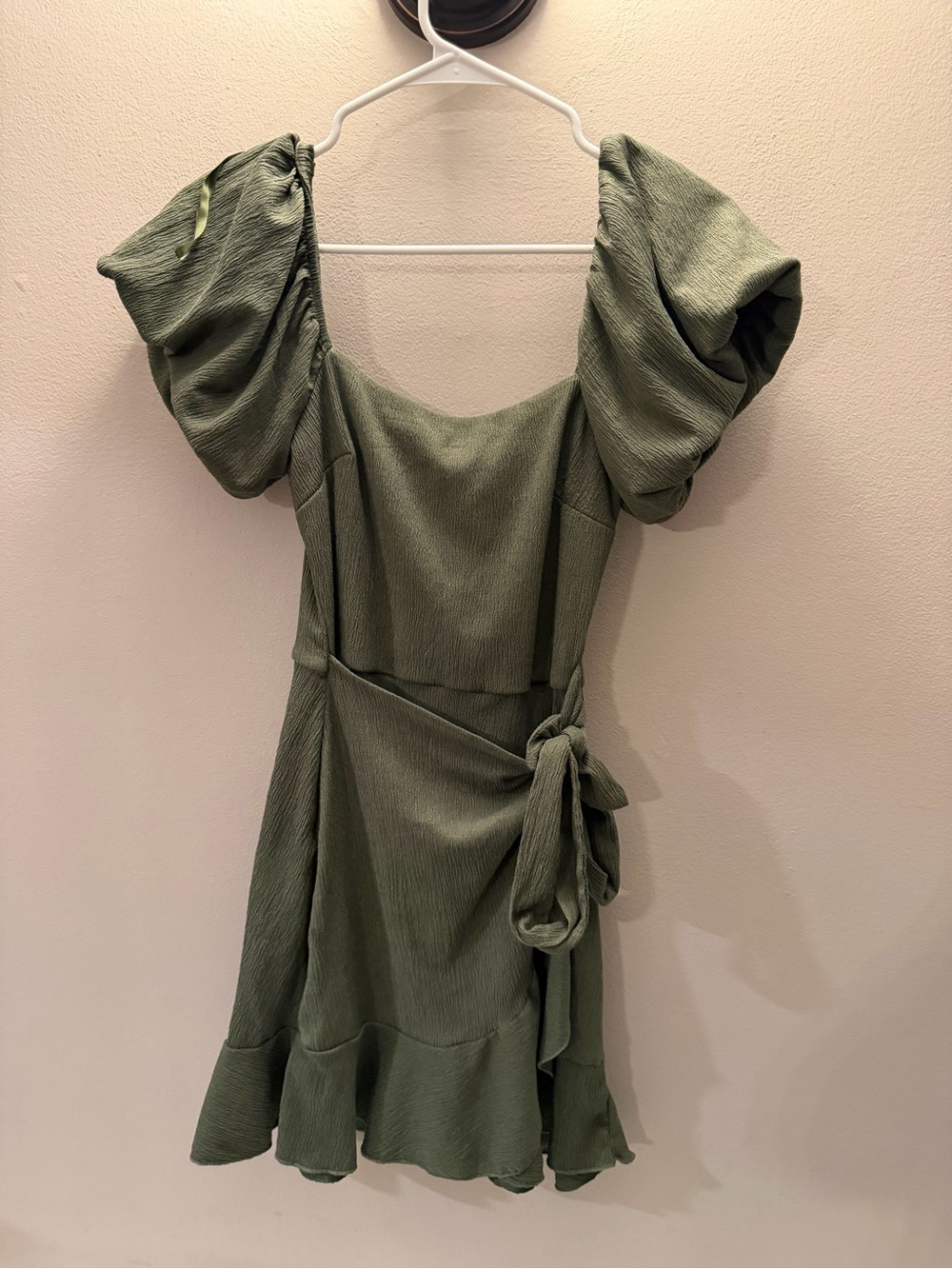 Trixxi Olive Green Puff Sleeve Ruffle Mini Dress XS Square Neck Faux Wrap Tie